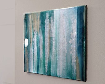 Teal and Gold Brushstroke Resin Painting - Modern Abstract Art on 12x12" Stretched Canvas