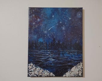 Celestial Night Sky Landscape Painting with Holographic Glitter on Canvas