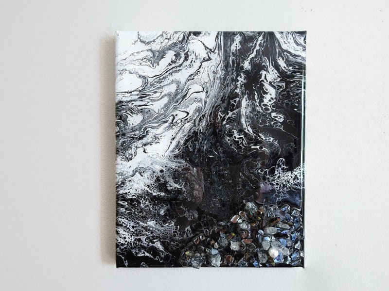 Black and White Fluid Art on 8x10 Canvas Modern Abstract Painting Original  