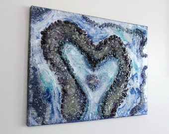 Amethyst Crystal Heart Resin Painting on 18x24" Stretched Canvas