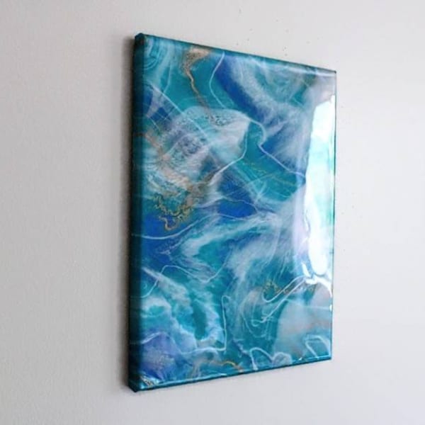 Blue Ocean Marble Resin Painting on 11x14" Stretched Canvas| Original Handmade Resin Art