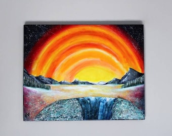 Sunset Mountain Landscape Painting on 16x20" Stretched Canvas