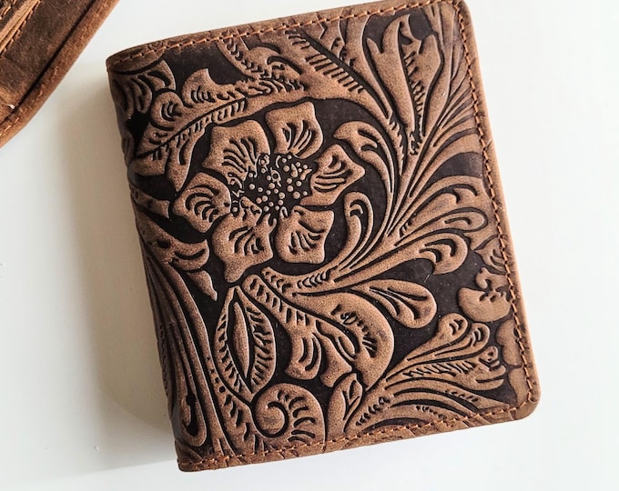 Tooled Leather Womens small wallet, Leather bifold wallet women, Leather mens wallet, Card wallet, Custom wallet women cute anniversary gift