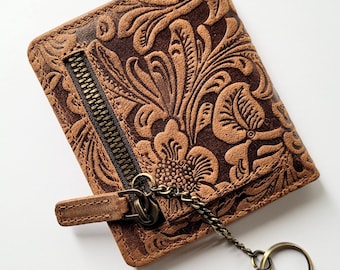 Cartera llavero de cuero personalizada: Tarjetero RFID delgado con ranura para identificación y bolsillo para monedas.