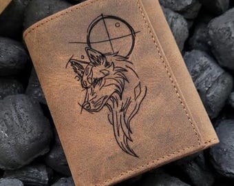 Wild Wolf Leather Trifold Wallet for Men: RFID Blocking, Personalized Engraved Monogram