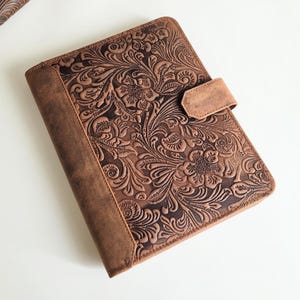 Tooled leather A5 Binder Planner , Distressed Embossing Leather Refillable Journal , Travelers Journal Notebook Document Organizer For Women