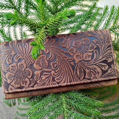 Portefeuille marron en relief pour femmes en cuir véritable fait main, meilleur cadeau pour elle Portefeuille de cowboy en cuir repoussé fait main