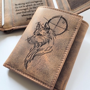 Geometric Wolf Genuine Leather men wallet, premium trifold leather wallet, Handmade wild animal gift, custom Christmas wallet gift idea