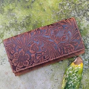 Handmade women's Real Leather flower embossed brown wallet best gift for her Handmade Tooled Leather Cowboy Wallet