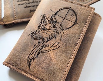 Wolf Trifold Leather Wallet For Men’s RFID Tri-Fold Personalized Verse Wallet Wolf Hunter Gift Hunting Wallet Anniversary Gift For Him