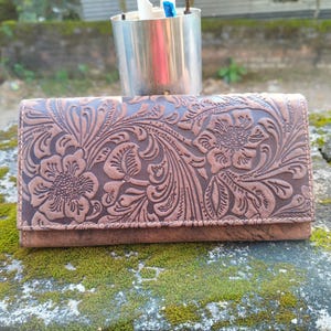 Handmade women's Real Leather flower embossed brown wallet best gift for her Handmade Tooled Leather Cowboy Wallet