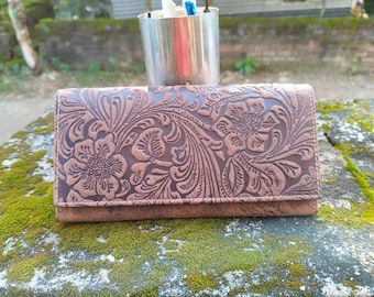 Handmade women's Real Leather flower embossed brown wallet best gift for her Handmade Tooled Leather Cowboy Wallet