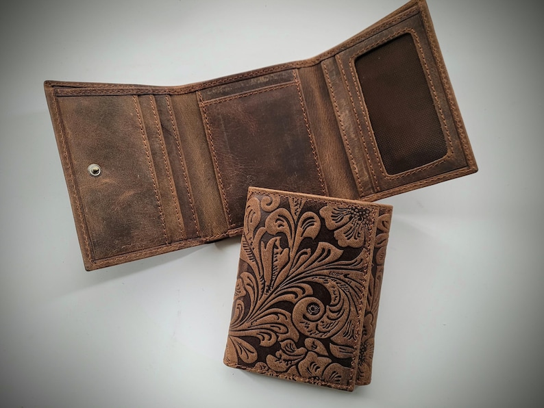 leather wallet women boho womens western wallet, embossed leather wallet, ladies wallet, floral leather wallet slim women wallet mini wallet Small Trifold Wallet