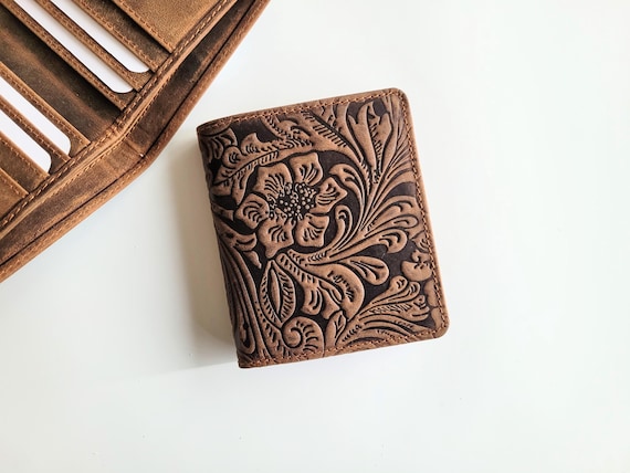 Tooled Leather Womens small wallet, Leather bifold wallet women, Leather mens wallet, Card wallet, Custom wallet women cute anniversary gift