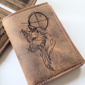 Cartera de piel auténtica de lobo salvaje, cartera de piel de primera calidad, cartera de hombre lobo de animal salvaje hecha a mano, regalo para él, idea de regalo de cartera de luna llena de lobo