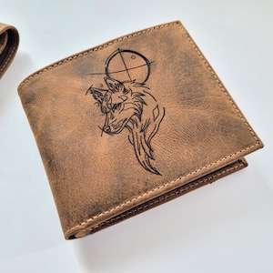 Twilight Moon Vampires Wolf Genuine Leather men wallet, premium trifold leather wallet, Handmade wild animal gift, custom wallet gift idea