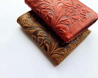 Handmade women's Real Leather flower embossed brown wallet best gift for her Handmade Tooled Leather Cowboy Wallet