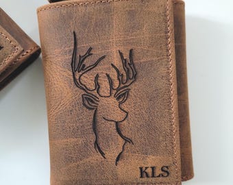 Deer Wallet: Full Grain Leather Trifold Men's Wallet with RFID Blocking & Personalized Monogram Engraved
