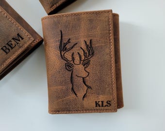 Personalized Trifold Wallet, Deer Hunting Engraved Leather Wallet, Handmade Wallet for Men, Mens Special Wallet, Hunting Gift for Him