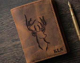 Personalized Deer Engraved Leather Trifold Wallet, Vintage Rugged Style