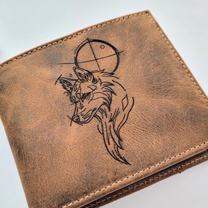 Wild wolf genuine leather wallet, premium leather wallet, Handmade wild animal Wolf Man wallet gift for him, Wolf Full Moon wallet gift idea