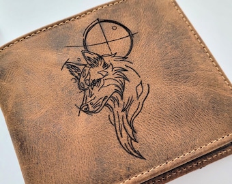 Portefeuille en cuir véritable loup sauvage, portefeuille en cuir de qualité supérieure, cadeau de portefeuille homme loup animal sauvage fait main pour lui, idée cadeau portefeuille loup pleine lune