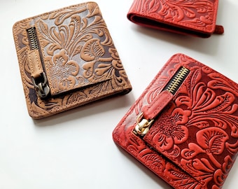 Handmade Tooled Leather Cowboy Wallet, Slim Compact Card Holder, Zip Pocket
