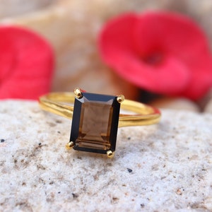 Natürlicher Rauchquarz Ring, Statement Ring, 18k vergoldetes Silber, Solitär Ring, Alternativer Verlobungsring, Verlobungsring, handgemachter Ring