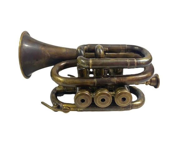 Antique Brass vintage Trompette Pocket Bugle Horn 3 Valve