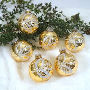 5 palline di vetro, palline di Natale, decorazioni per l&#39;albero di Natale, decorazioni per l&#39;albero di Natale, decorazioni per l&#39;albero, palline per l&#39;albero di Natale - oro - con neve glitterata
