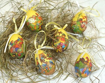 6-teiliges Set Oster-Deko aus Pappmaché, Watte - Eier, Ostereier - Tisch-Deko - Osterstrauch - Frühling, Ostern - 80er Jahre