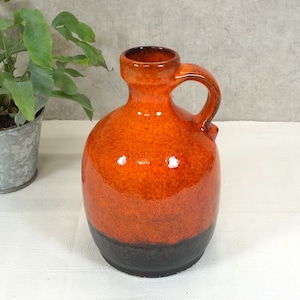 Vase, flower vase - ceramic - orange-black - lava - pitcher, handle vase, handle pitcher - 70s