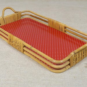 Può includere: Vassoio rettangolare in rattan con interno a pois rossi. Il vassoio ha una finitura naturale intrecciata e un manico ad ogni estremità. Ideale per servire cibi e bevande.