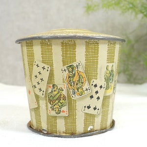 Decoratief oud blik, blik, theebus, snoepdoos - met speelkaartmotief - jaren 60 - shabby chic