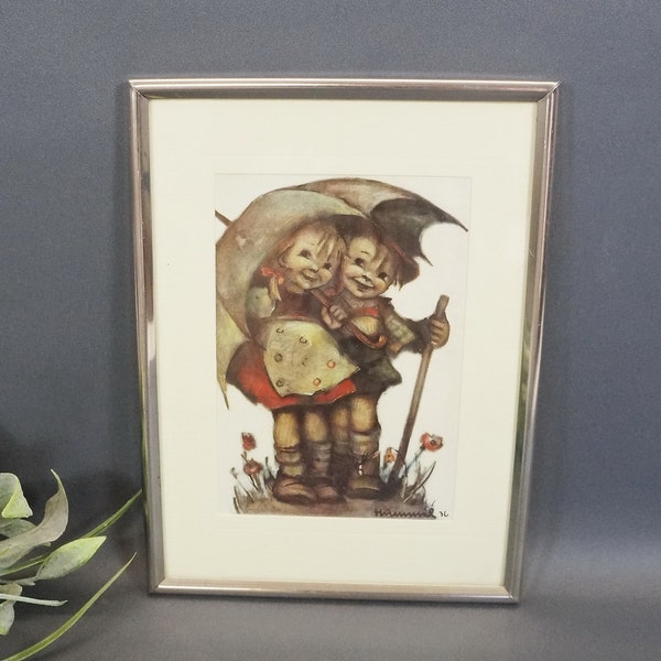 kleines Bild, Wandbild - Hummelbild 'zwei Kinder mit Schirm - silberfarbener Metall-Rahmen