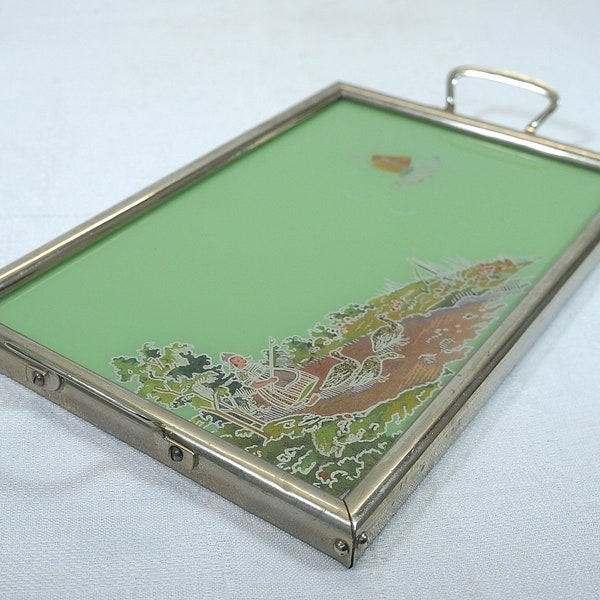 60er Jahre Tablett, Serviertablett mit Glasplatte