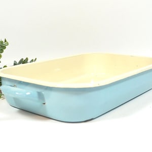 Op de afbeelding: Een rechthoekige, lichtblauwe emaille ovenschaal met een crèmekleurig interieur. De schaal heeft twee kleine handvatten en staat tegen een witte achtergrond. Een takje groen loof staat op de achtergrond.