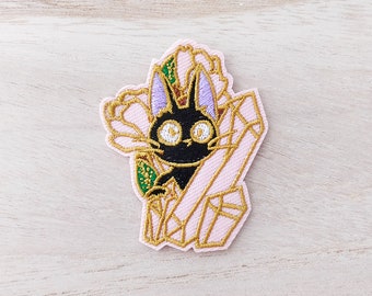 Cute Black Cat Hiding Among Crystals Iron On Patch, Embroidery Patch, Cute Kawaii Patch, Sew On Patch,  Craft Supply, DIY Patches