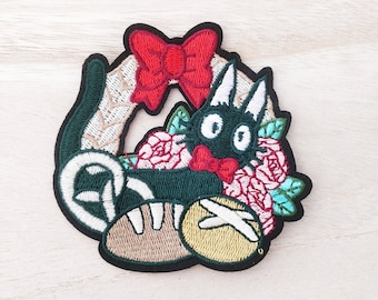 Black Cat Among Bread and Flowers Iron On Patch, Embroidery Patch, Cute Kawaii Patch, Sew On Patch, Craft Supply, DIY Patches