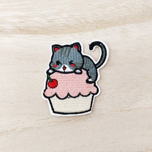Kitten on a Cupcake Iron On Patch, Embroidery Patch, Cute Kawaii Patch, Sew On Patch,  Craft Supply, DIY Patches