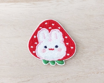 Bunny in a Strawberry Hat Iron On Patch, Embroidery Patch, Cute Kawaii Patch, Sew On Patch, Stick On Patch, Craft Supply, DIY Patches
