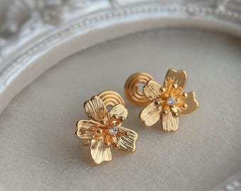 Clip On Earrings, No Pain Earrings, Pain Free Coil Design, Gold Plated Earrings, Flower Earrings, Sakura Earrings, Dainty Earrings