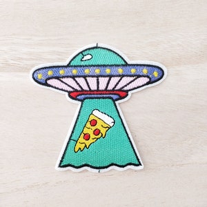 UFO Beaming Up Pizza Slice Iron On Patch, Embroidery Patch, Cute Kawaii Patch, Sew On Patch,  Craft Supply, DIY Patches