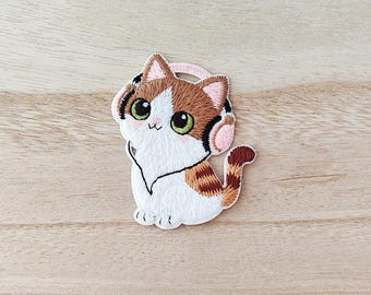 Kitten Cat with Headphones Iron On Patch, Embroidery Patch, Cute Kawaii Patch, Sew On Patch, Stick On Patch, Craft Supply, DIY Patches