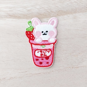 Strawberry Boba Tea and Bunny Iron On Patch, Embroidery Patch, Cute Kawaii Patch, Sew On Patch, Stick On Patch Craft Supply DIY Patch, SKU 8