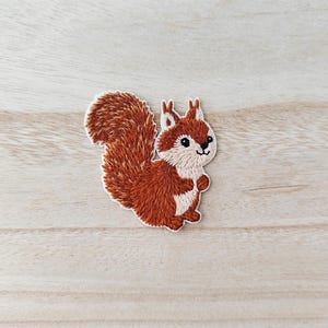 May include: Embroidered patch featuring a cartoon squirrel. The squirrel has a fluffy, reddish-brown tail and fur, with a cream-colored belly and face. The patch is outlined in white, and the squirrel is smiling.