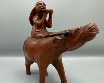 Vintage Carved Wood Water Buffalo and Farmer Figurine Wooden Sculpture