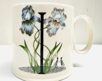 Retired Anthropologie Florence Balducci Coffee Tea Mug Initial I Monogram I Iris Flower