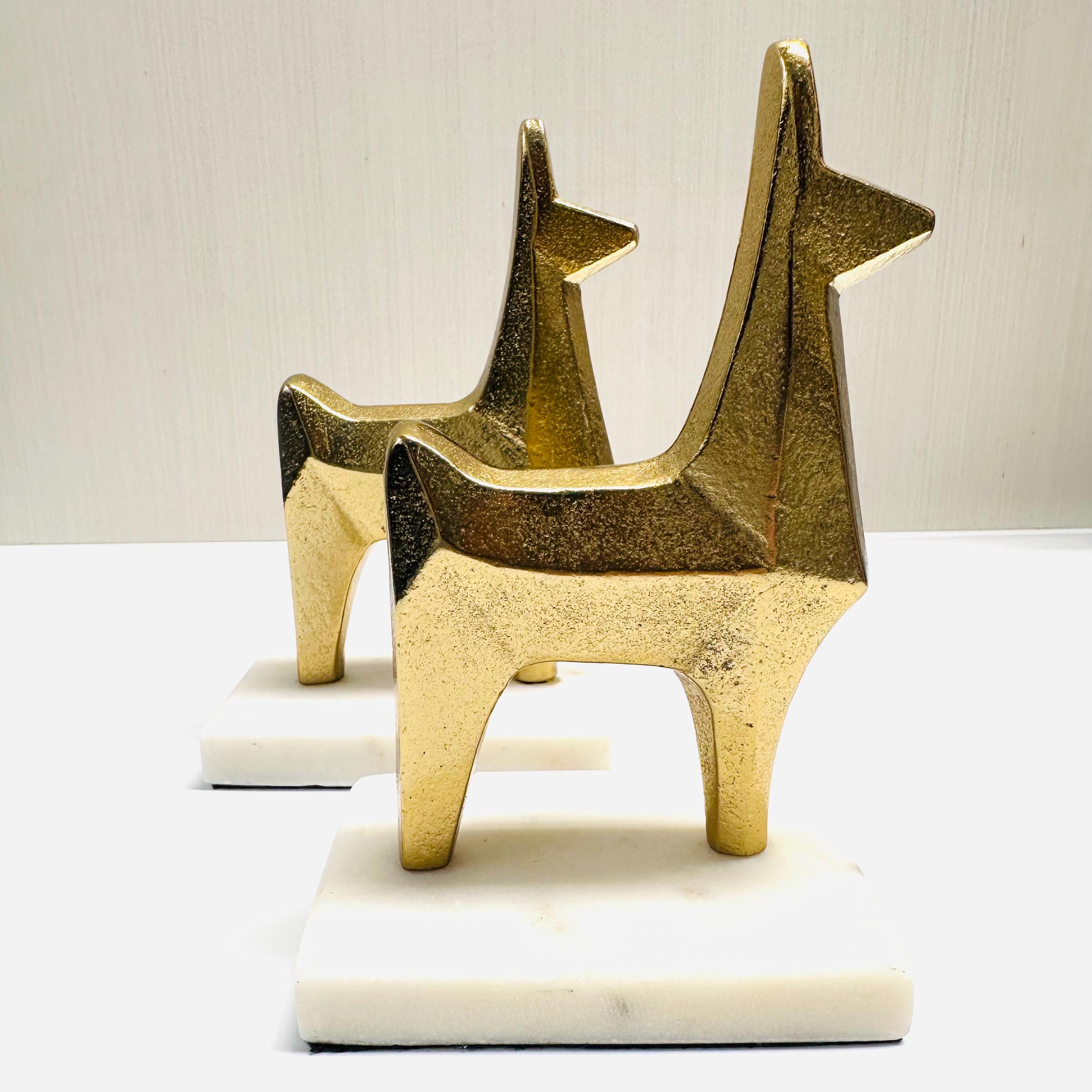 Pair of Llama Gold Toned Metal Marble Stone Base Bookends