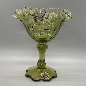 Vintage Fenton Rose Pedestal Green Glass Compote